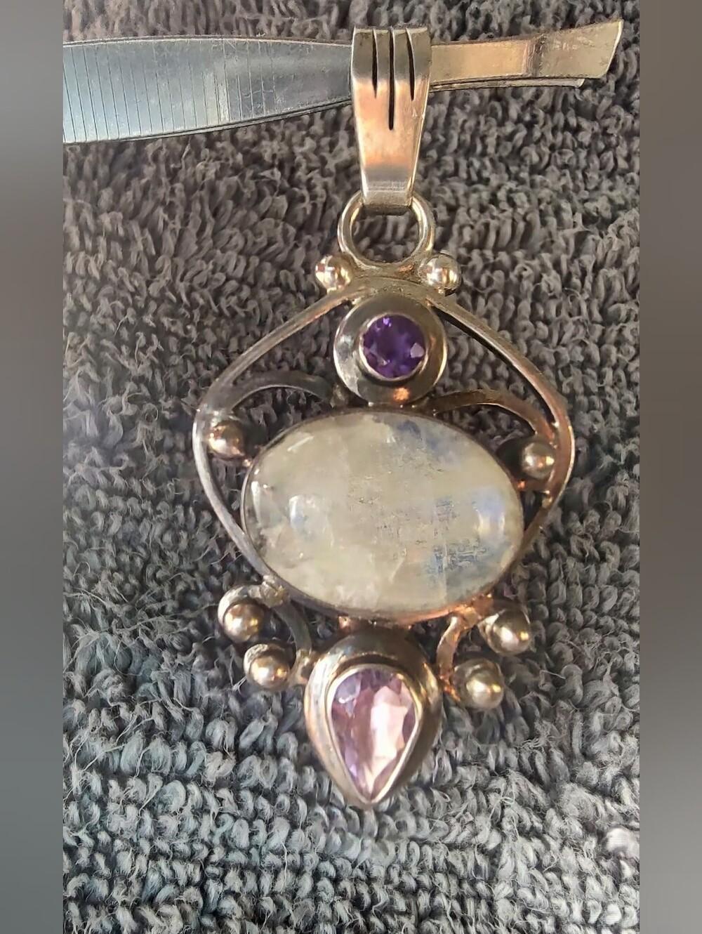 Vintage 925 Sterling Silver Moonstone Amethyst Artisan Statement Pendant
